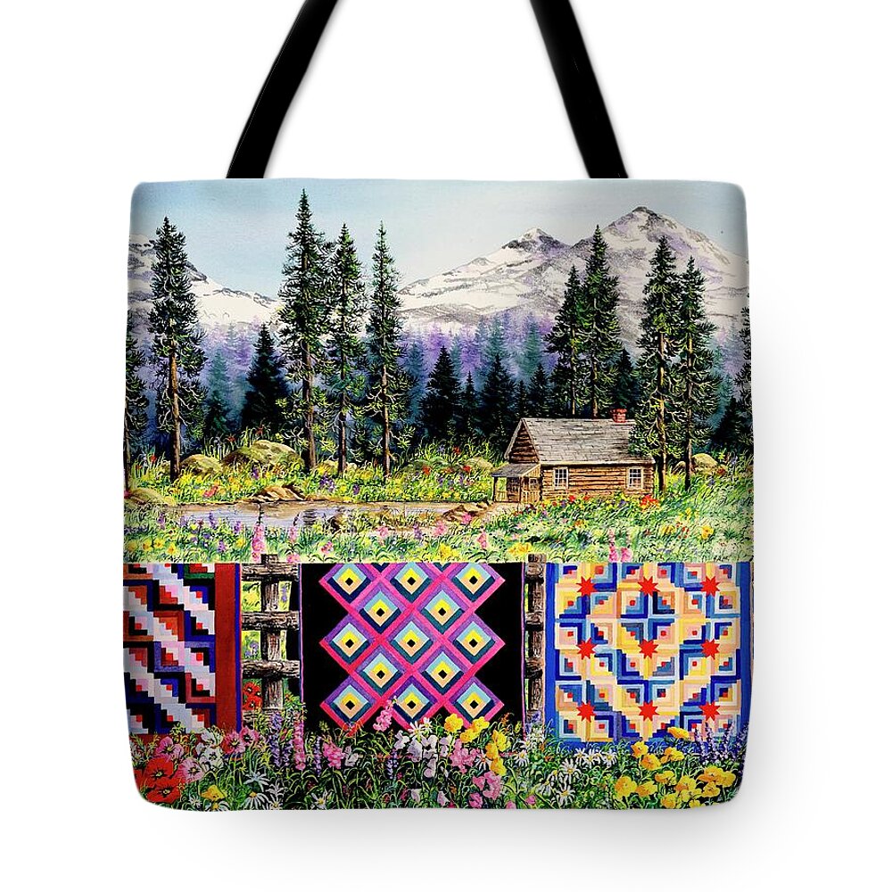 Mountains Tote Bag featuring the painting Log Cabin Quilts by Diane Phalen
