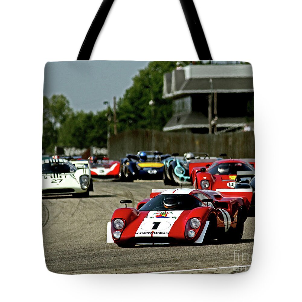 Vintage Tote Bag featuring the photograph Lola T-70 race start by Pete Klinger
