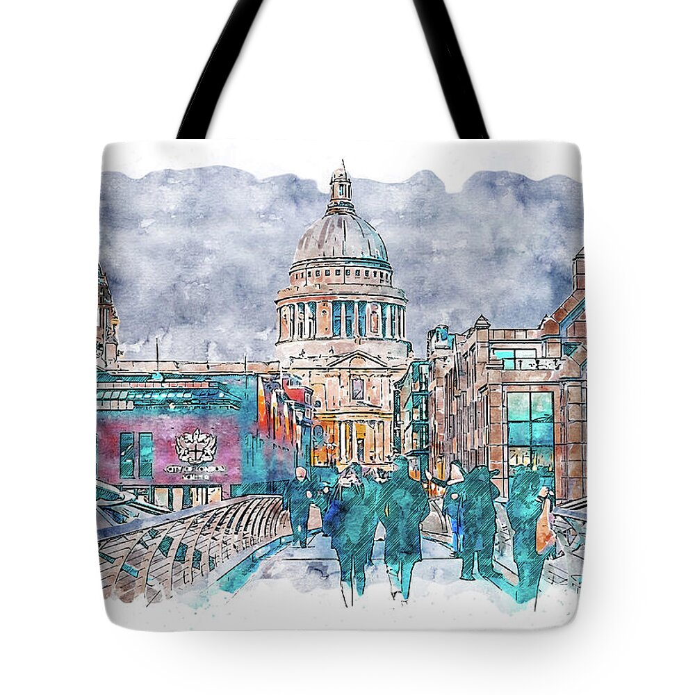 London Street Tote Bag featuring the painting London Cityscape - 07 by AM FineArtPrints