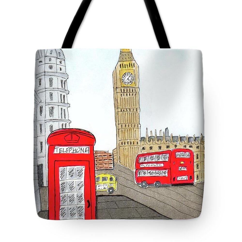 London Tote Bag featuring the painting London's Red Phone Booth and Bus by Donna Mibus