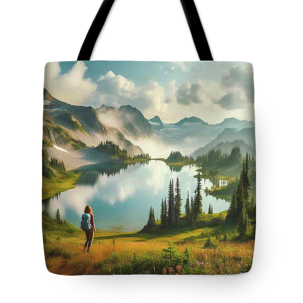 Adult Tote Bag featuring the photograph Lone Hiker at an Alpine Lake by Jeff Goulden