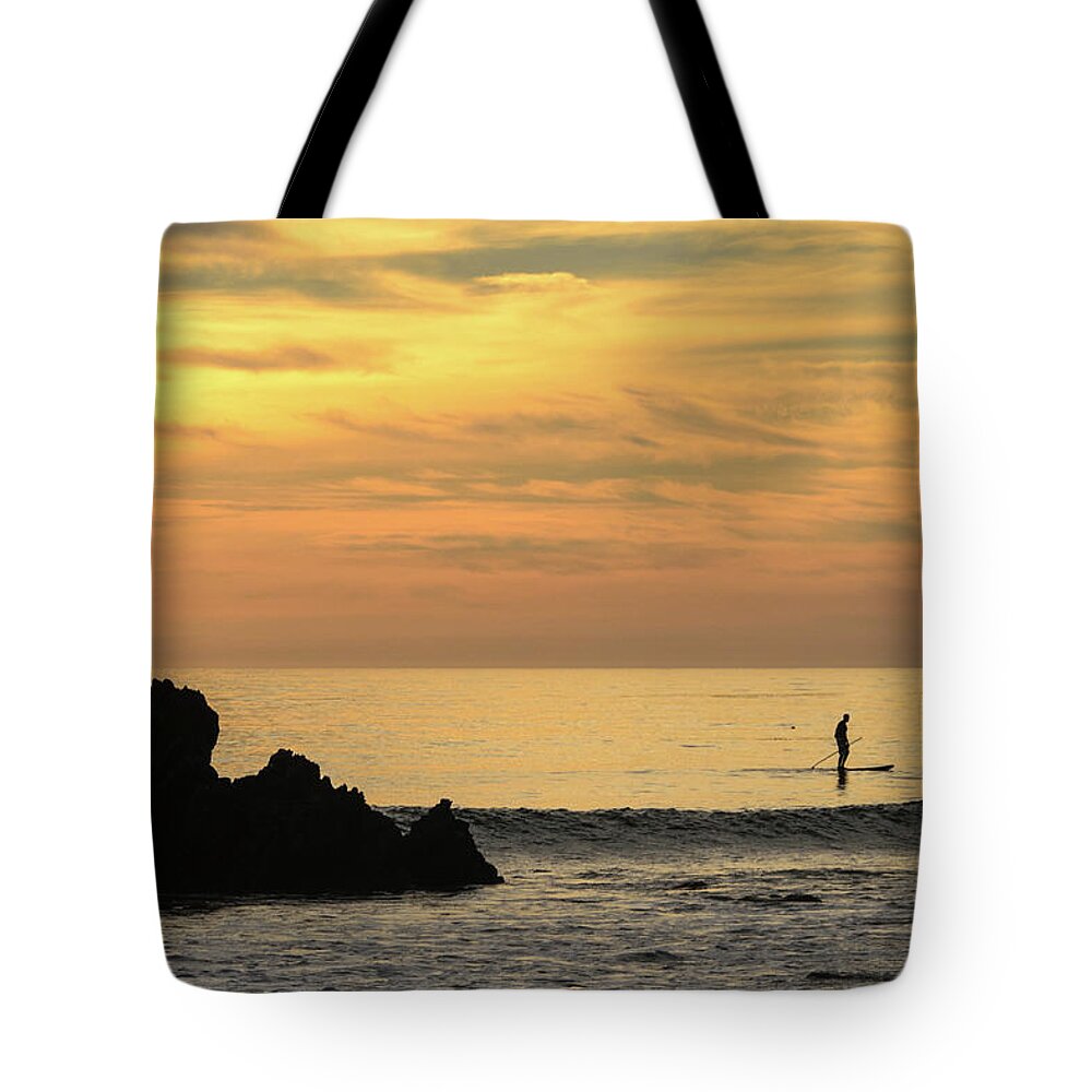 Paddleboarder Tote Bag featuring the photograph Lone Paddleboarder at Sunset by Matthew DeGrushe