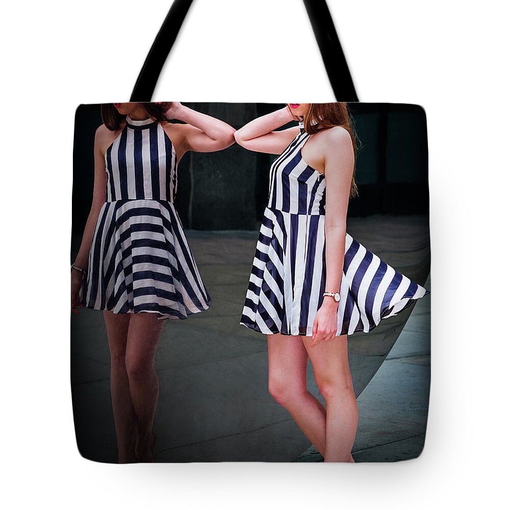 Mirror Tote Bag featuring the photograph Lonely Girl Standing By Mirror On Street 170510_6323 by Alexander Image