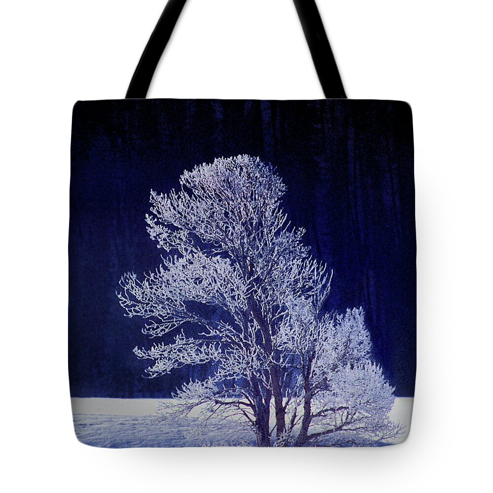 Dave Welling Tote Bag featuring the photograph Lonely Rime Ice Covered Tree Yellowstone National Park by Dave Welling