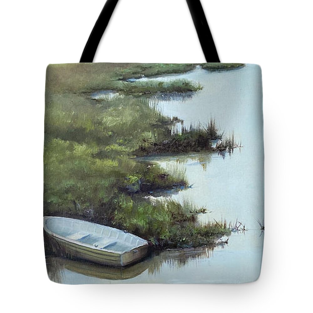 Rowboat Tote Bag featuring the painting Lonely Rowboat by Judy Rixom