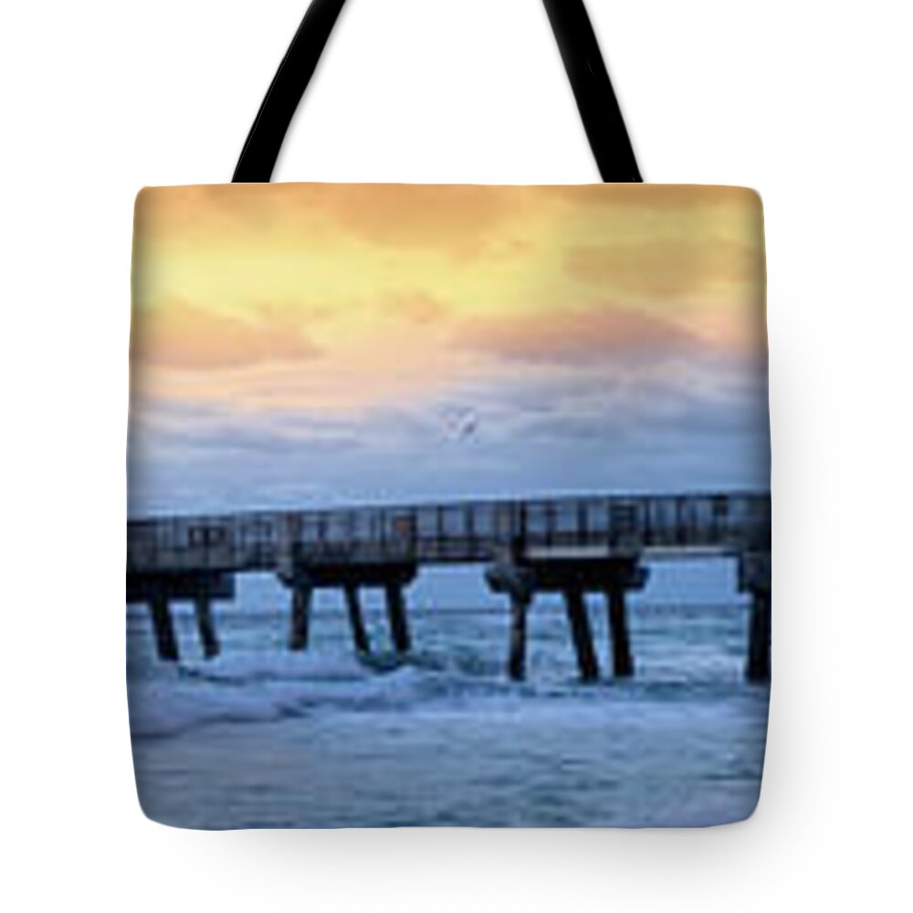 Panorama Tote Bag featuring the photograph Long Fishing Pier at Dawn by Debra and Dave Vanderlaan