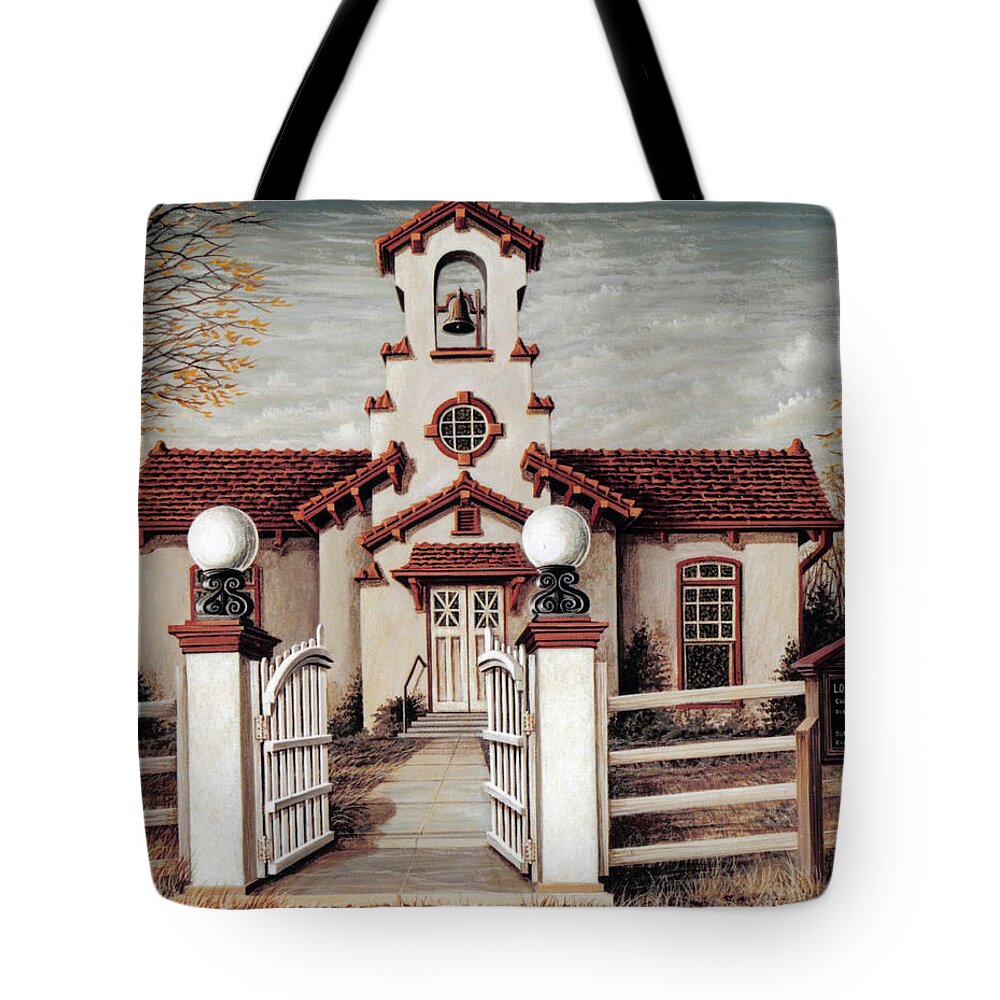 Architectural Landscape Tote Bag featuring the painting Longview Chapel Gate by George Lightfoot