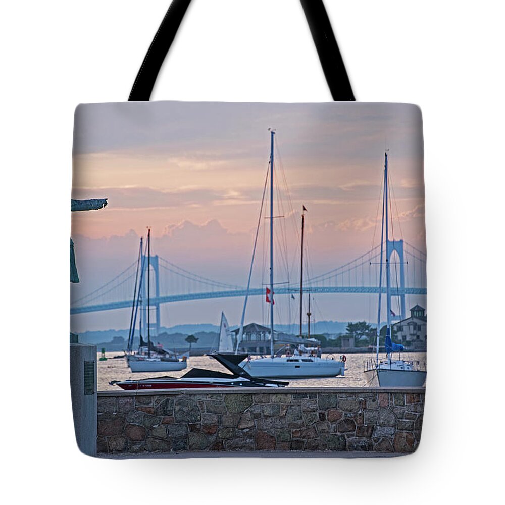 Newport Tote Bag featuring the photograph Looking over the Harbor Pell Bridge Newport Harbor Newport RI Rhode Island Statue by Toby McGuire