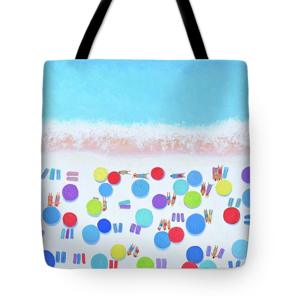 Beach Tote Bag featuring the painting Looks like Summer, aerial beach scene by Jan Matson