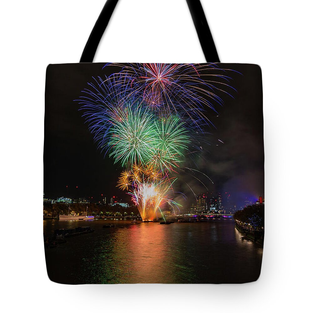 Thames Tote Bag featuring the photograph Lord Mayor firework show in London by Andrew Lalchan