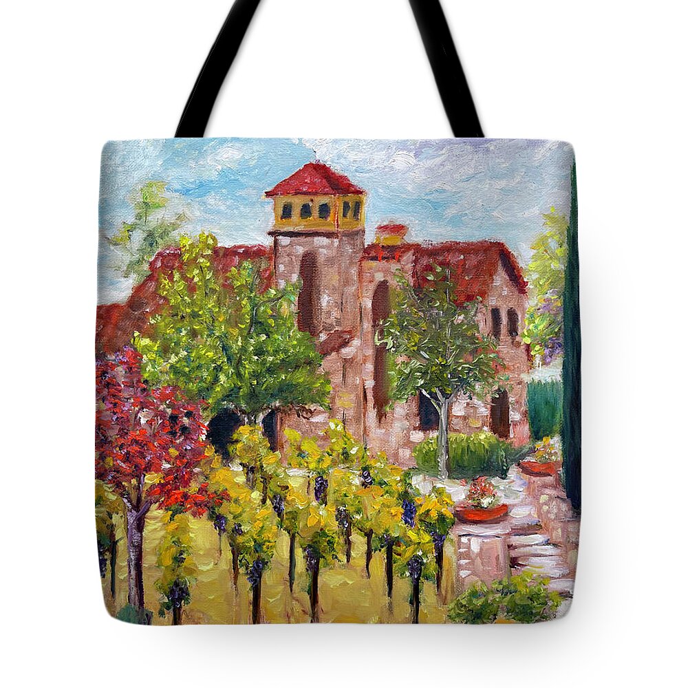 Lorimar Vineyard And Winery Tote Bag featuring the painting Lorimar in Autumn by Roxy Rich