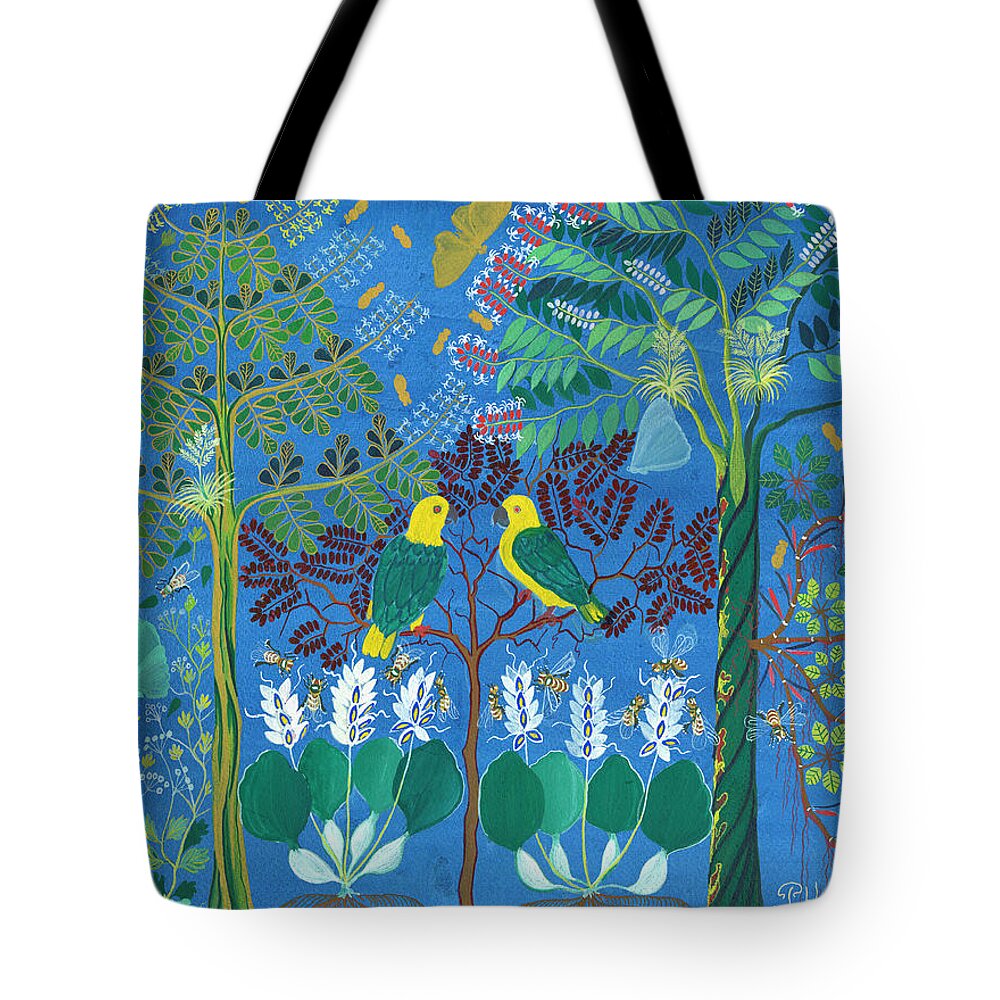 Parrots Tote Bag featuring the painting Los Loros by Pablo Amaringo