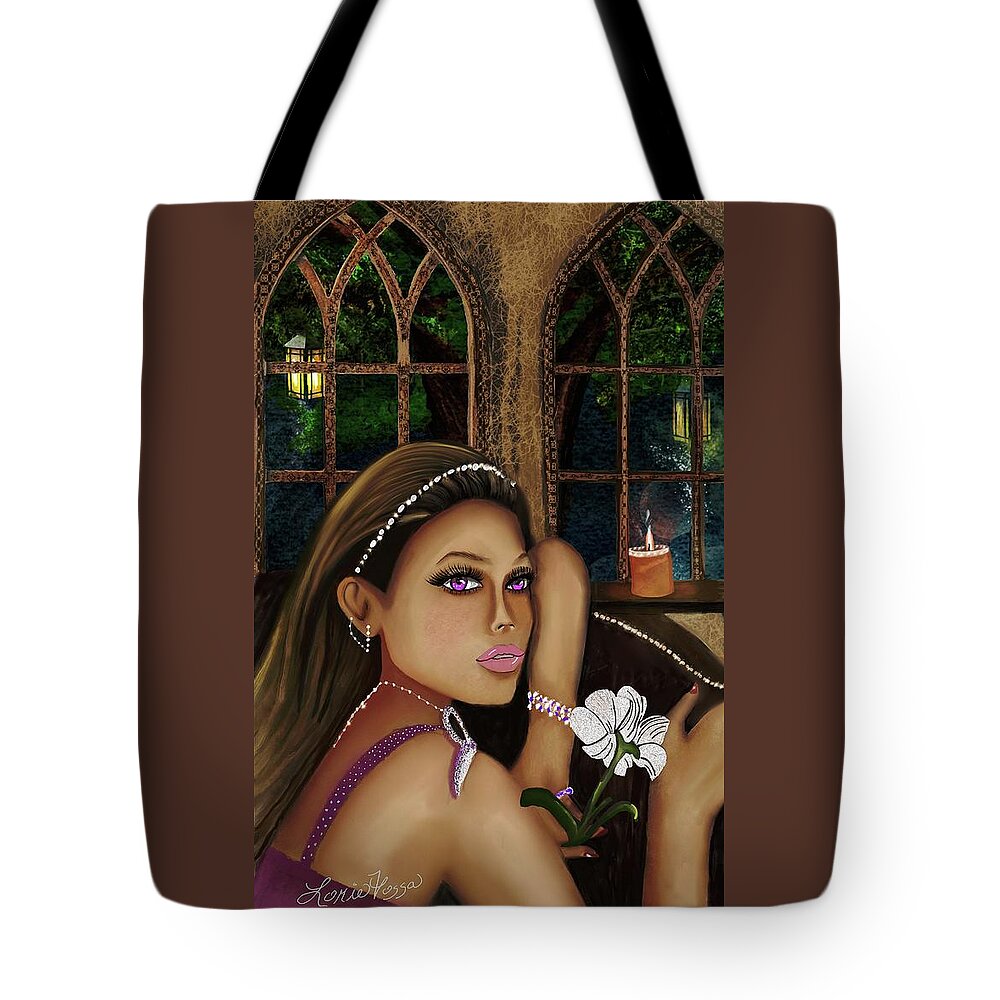 Girl Castle Whimsical Illustrative Purple Eyes Candles Tote Bag featuring the mixed media Lost Innocence by Lorie Fossa
