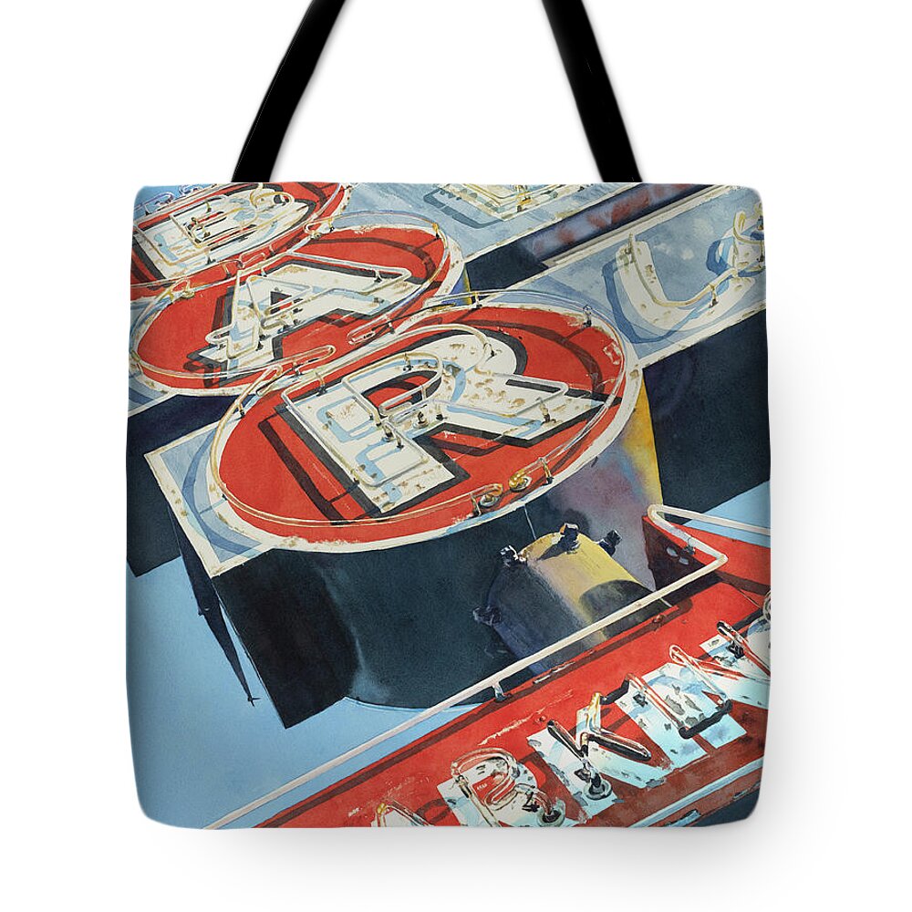Watercolor Tote Bag featuring the painting Lost Parking Opportunity by Lisa Tennant