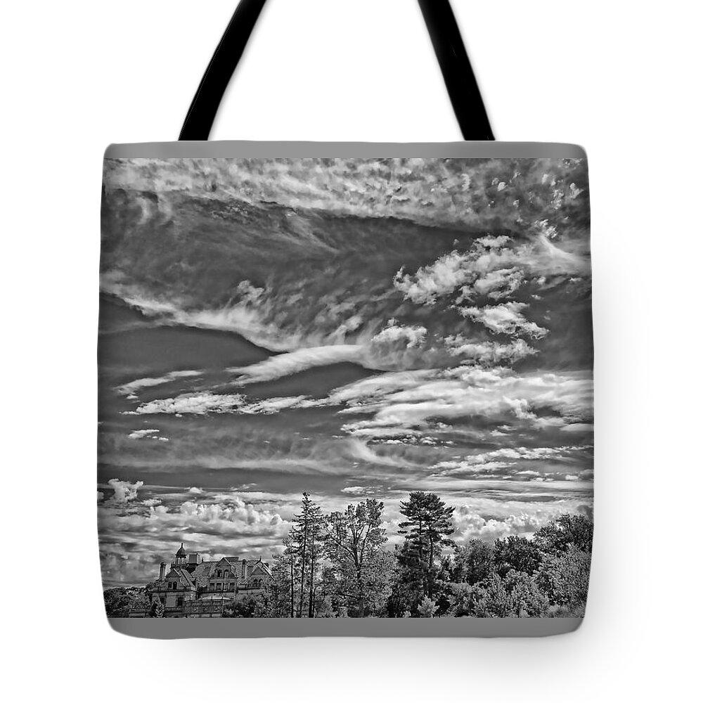 B&w Tote Bag featuring the photograph Lots of Clouds Over The Masters School by Russ Considine