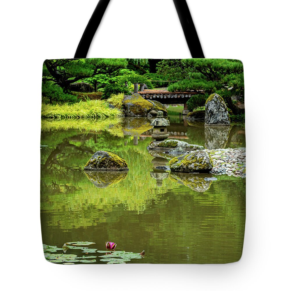 Outdoor; Summer; Japanese Garden; Seattle; City; Park; Water Lilies; Lotus; Pond; Tote Bag featuring the digital art Lotus in Japanese Garden by Michael Lee