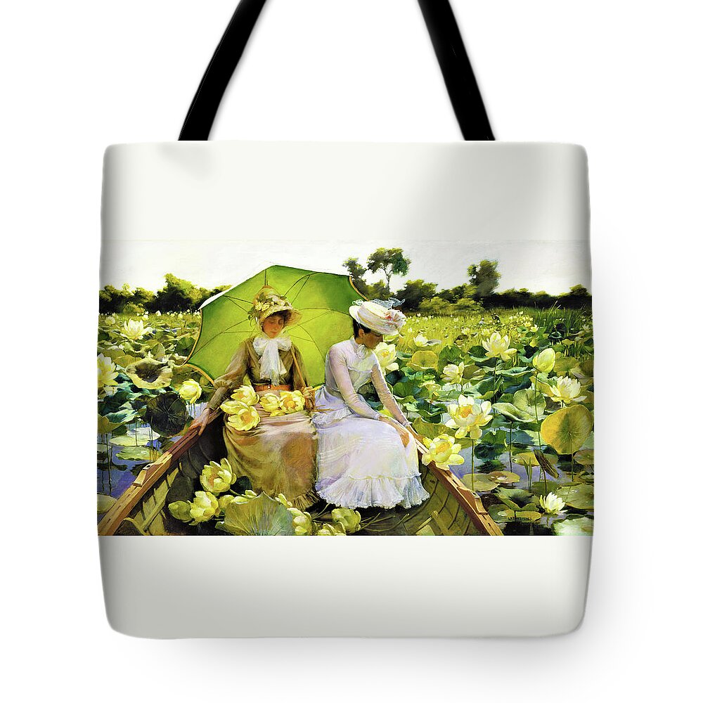 Lotus Lilies Tote Bag featuring the painting Lotus Lilies - Digital Remastered Edition by Charles Courtney Curran