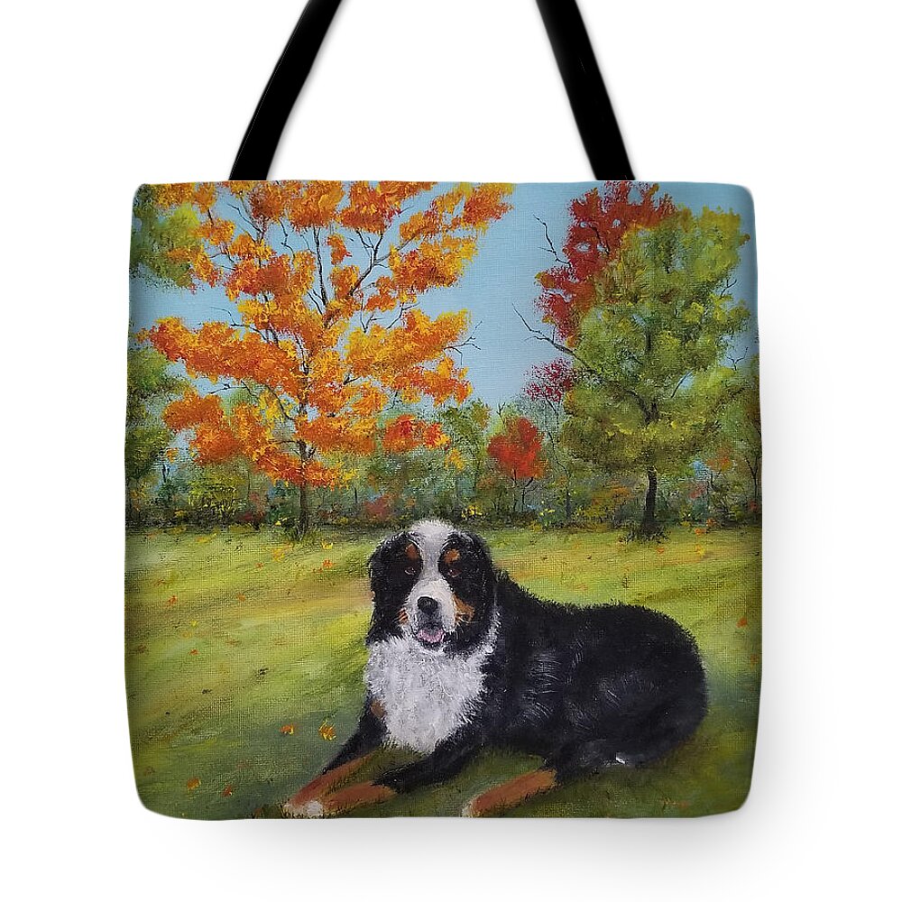 Bernese Mountain Dog Tote Bag featuring the painting Louie by Judith Rhue