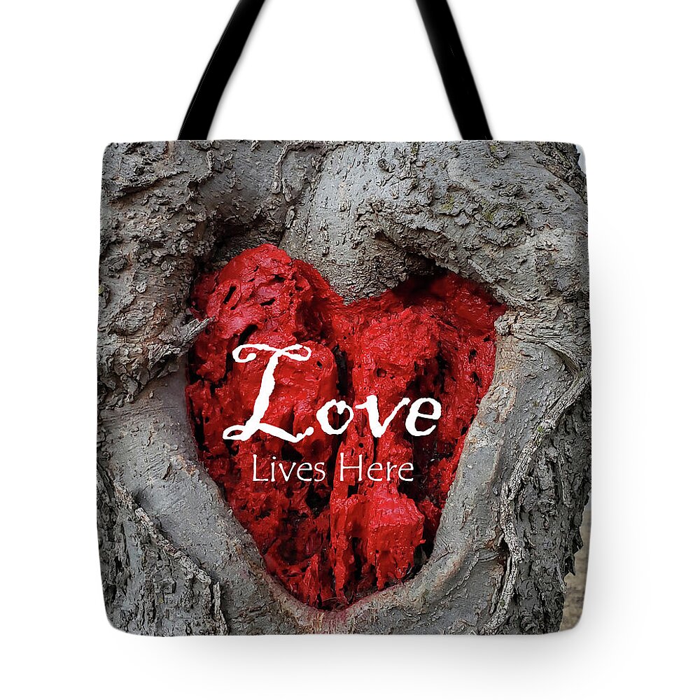 Love Tote Bag featuring the photograph LOVE LIVES HERE Red Heart In a Tree by Lynnie Lang