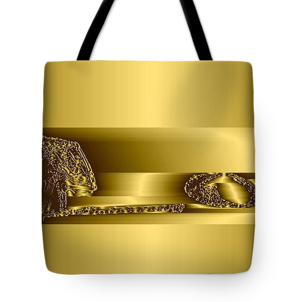 Love Logo Tote Bag featuring the ceramic art Love logo deep gold by Mary Russell