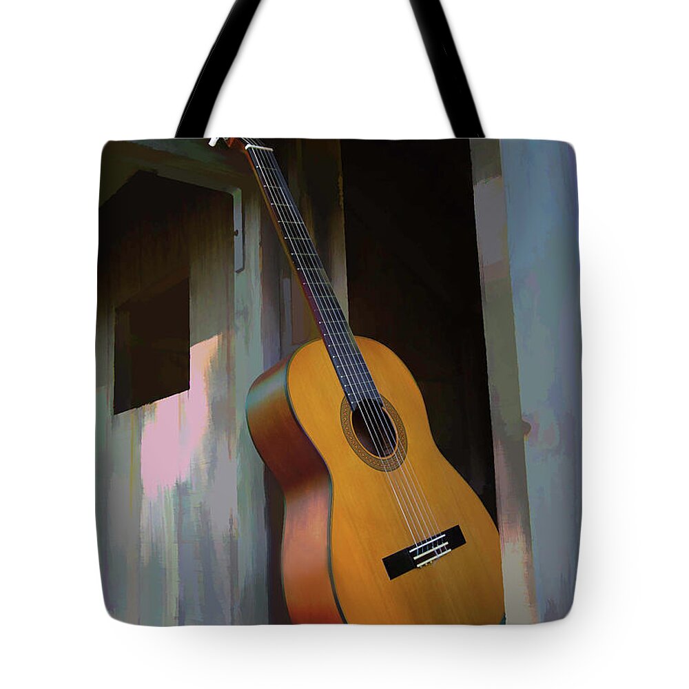 Classical Guitar Tote Bag featuring the digital art Love My Guitar by Steve Ladner