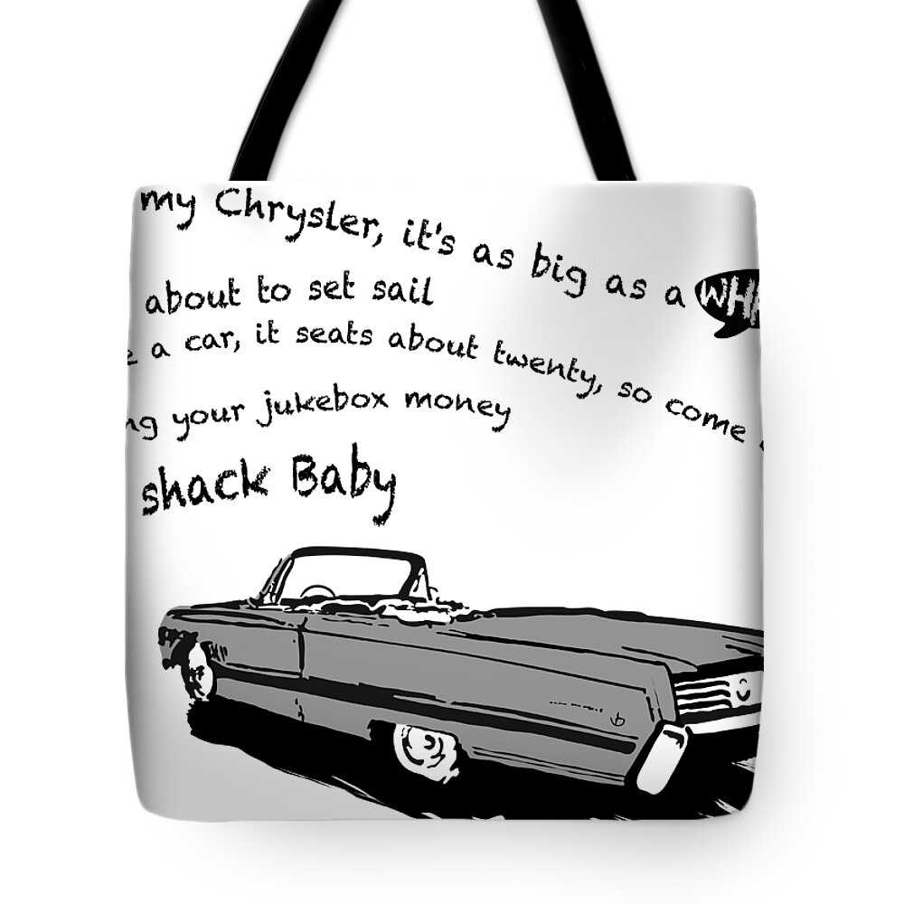 Petrolhead Tote Bag featuring the digital art Love Shack Whale Classic Chrysler car, catchy song, funky design - Battleship Grey Edition by Moospeed Art