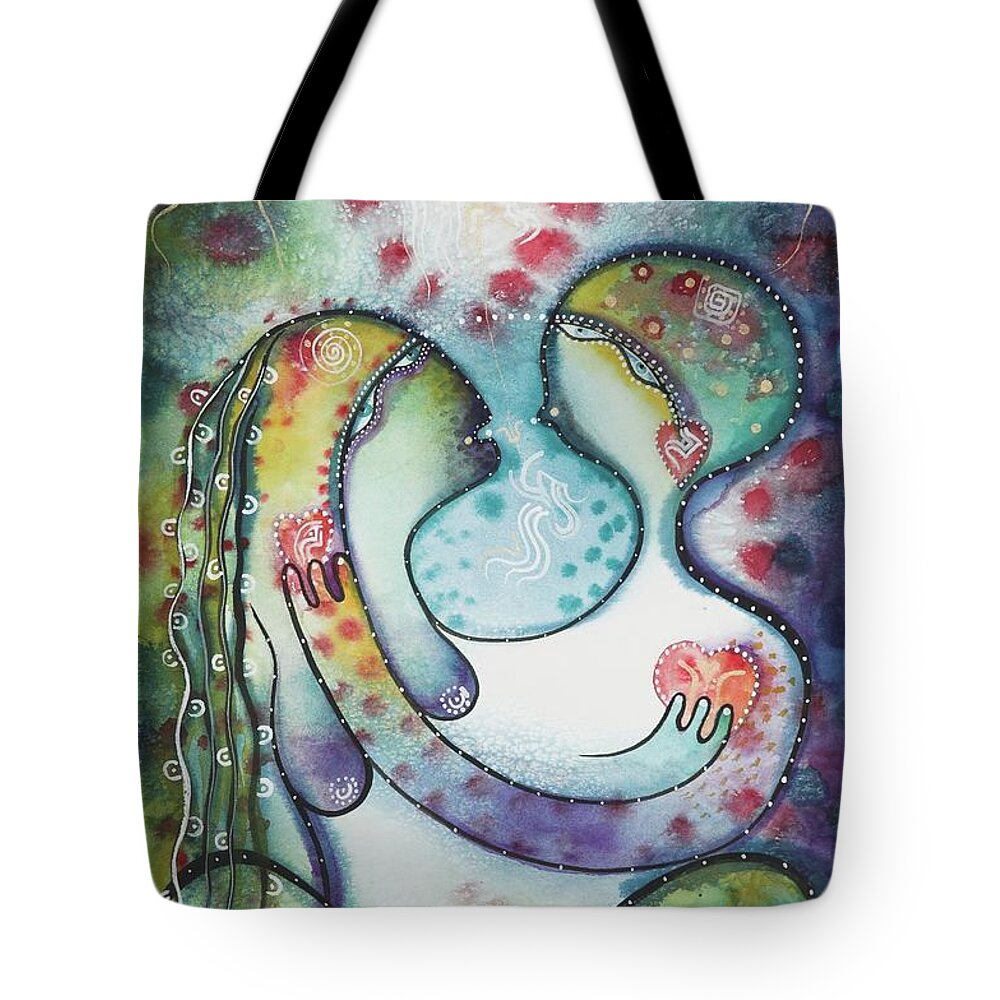 #lovers2 #watercolor #watercolorpainting #lovers #cosmicart #mysticart #symbolicart #iconseries #icons #glenneff #thesoundpoetsmusic #picturerockstudio #loversart Tote Bag featuring the painting Lovers 2 by Glen Neff