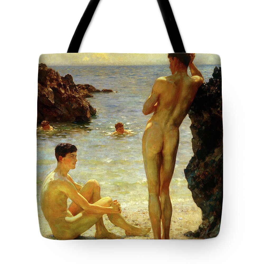 Henry Scott Tuke Tote Bag featuring the painting Lovers of the Sun, 1923 by Henry Scott Tuke