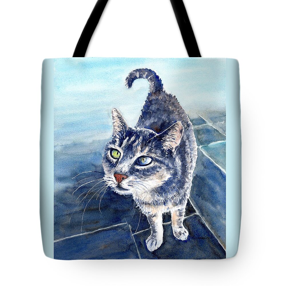 Cat Tote Bag featuring the painting Loving Gray Kitty by Carlin Blahnik CarlinArtWatercolor
