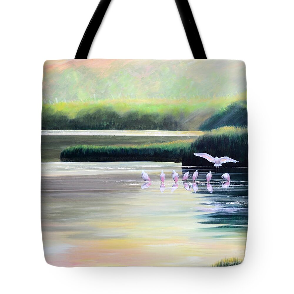 Roseate Spoonbill Tote Bag featuring the painting Low Country Roseate Spoonbill by Pat Davidson