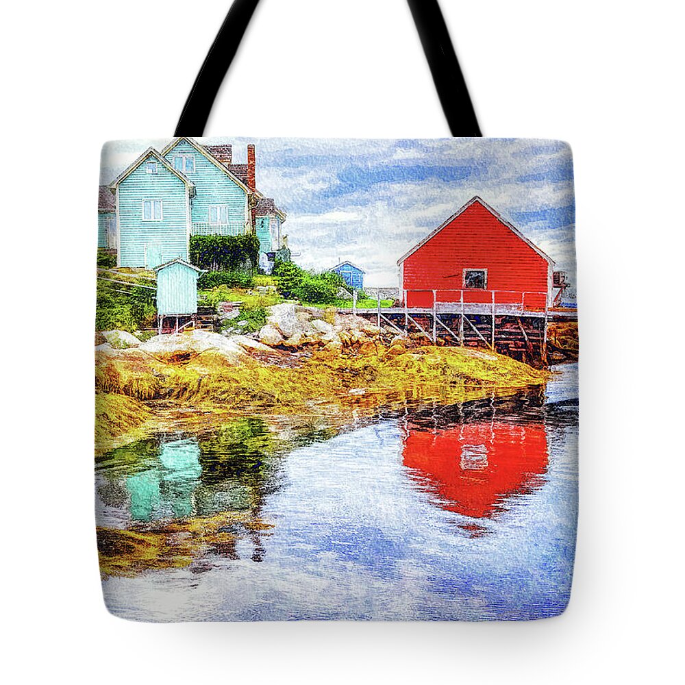 Low Tide Tote Bag featuring the mixed media Low tide at Peggy's Cove by Tatiana Travelways