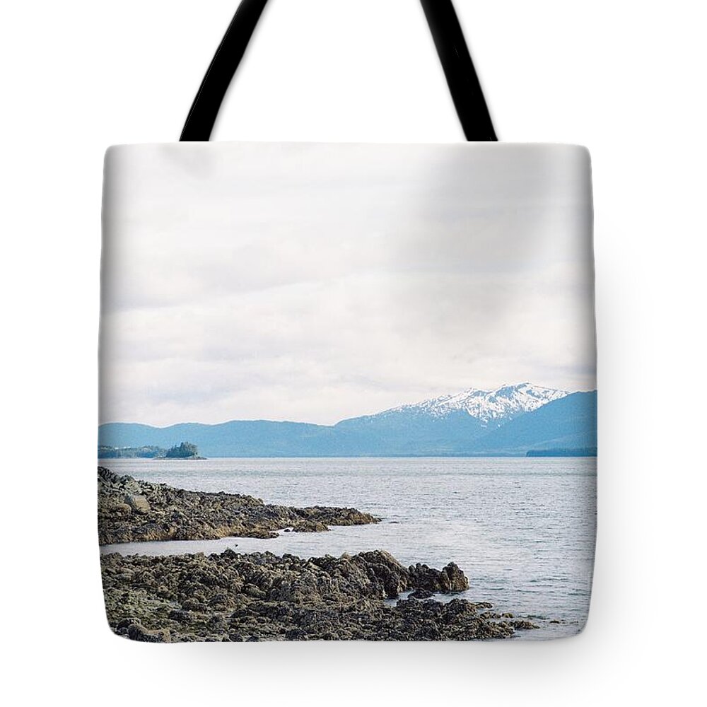 #alaska #ak #juneau #cruise #tours #vacation #peaceful #sealaska #southeastalaska #calm #chilkatmountains #chilkats #capitalcity #lynncanal #shrineofsttherese #clouds #cloudy #35mm #analog #film #summer #sprucewoodstudios Tote Bag featuring the photograph Low Tide Looking South by Charles Vice