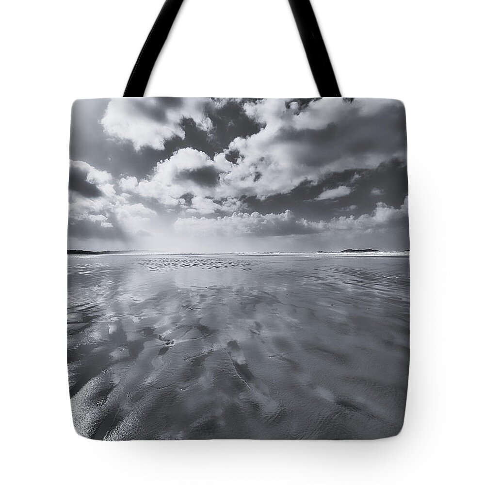 Black And White Photography Tote Bag featuring the photograph Low Tide on Combers Beach by Allan Van Gasbeck