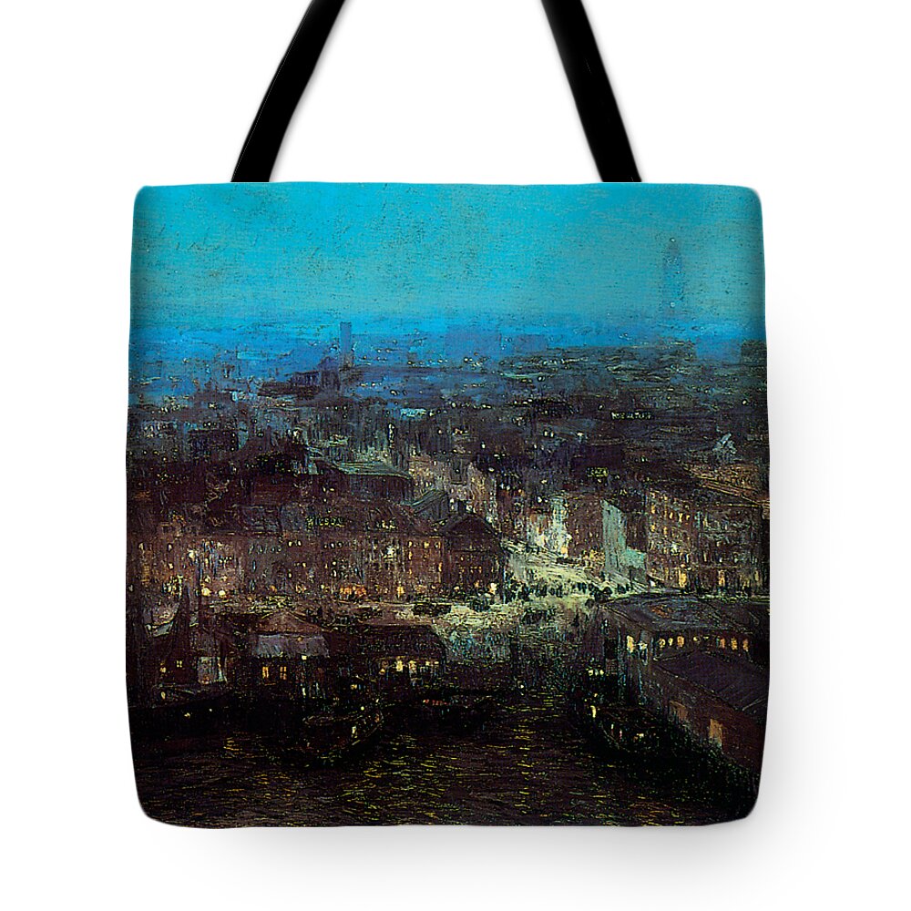 Edward Tote Bag featuring the painting Lower New York 1910 by Edward Willis Redfield
