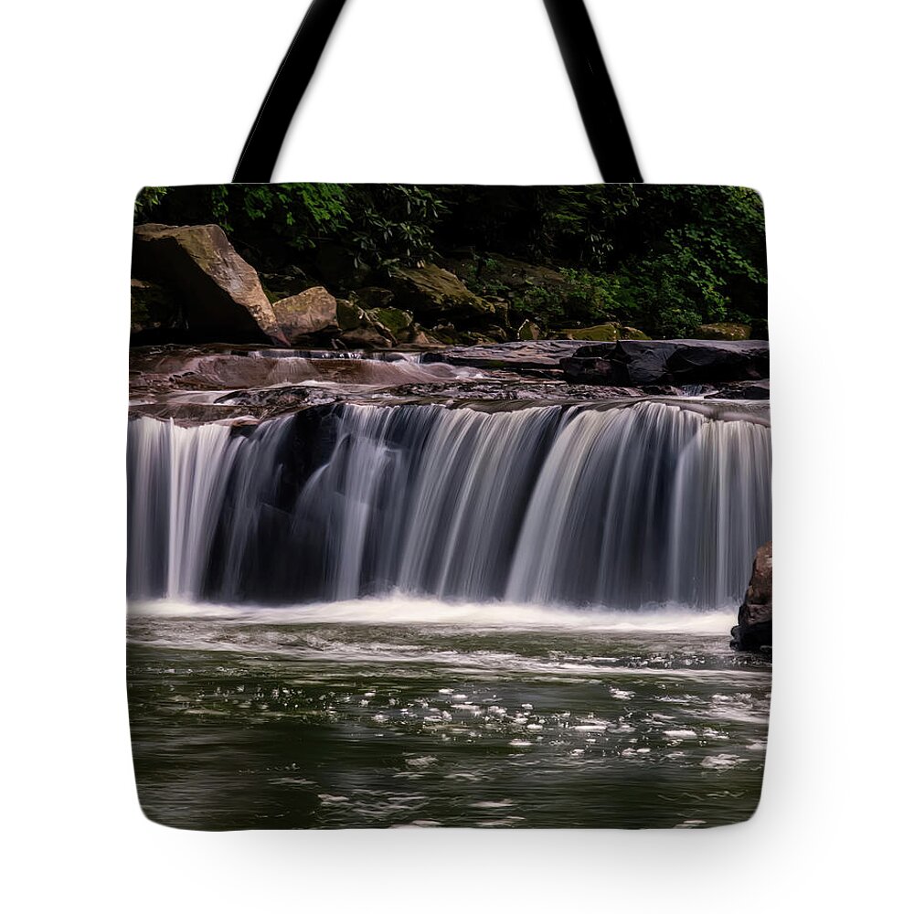 Waterfall Tote Bag featuring the photograph Lower Swallow falls center section by Flees Photos