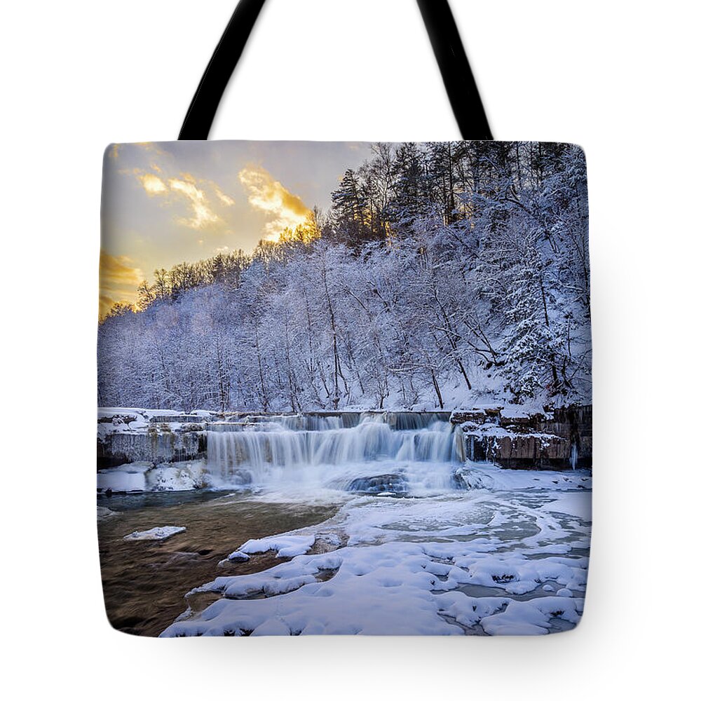 Lower Taughannock Falls In Winter Tote Bag featuring the photograph Lower Taughannock Falls In Winter by Mark Papke