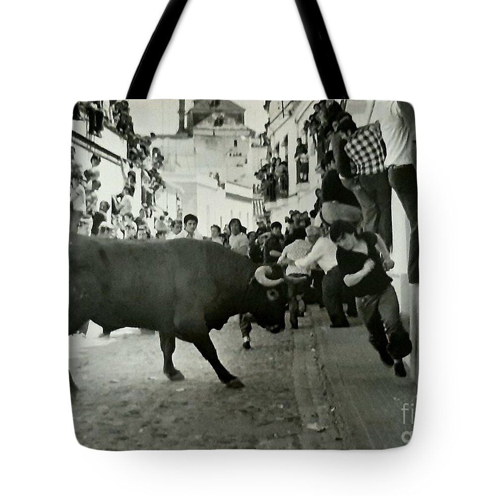 Film Camera Copy Tote Bag featuring the photograph LOWRES Running of the Bulls-Acros 1970s by Tony Lee