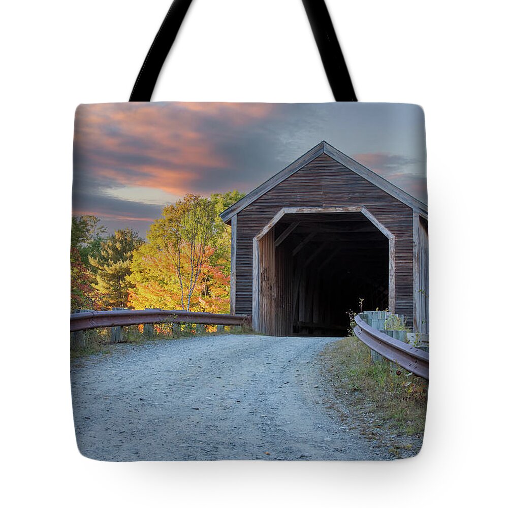 Guildford Maine Tote Bag featuring the photograph Low's Covered Bridge in Guilford Maine by Jeff Folger