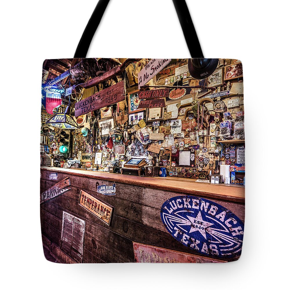 Dark Tote Bag featuring the photograph Luckenbach Bar by Andy Crawford