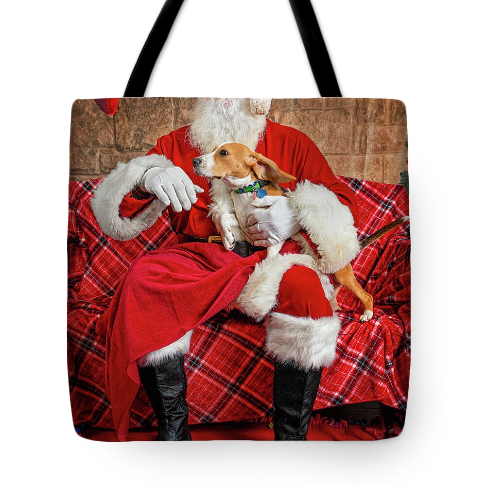 Lucy Tote Bag featuring the photograph Lucy with Santa 1 by Christopher Holmes