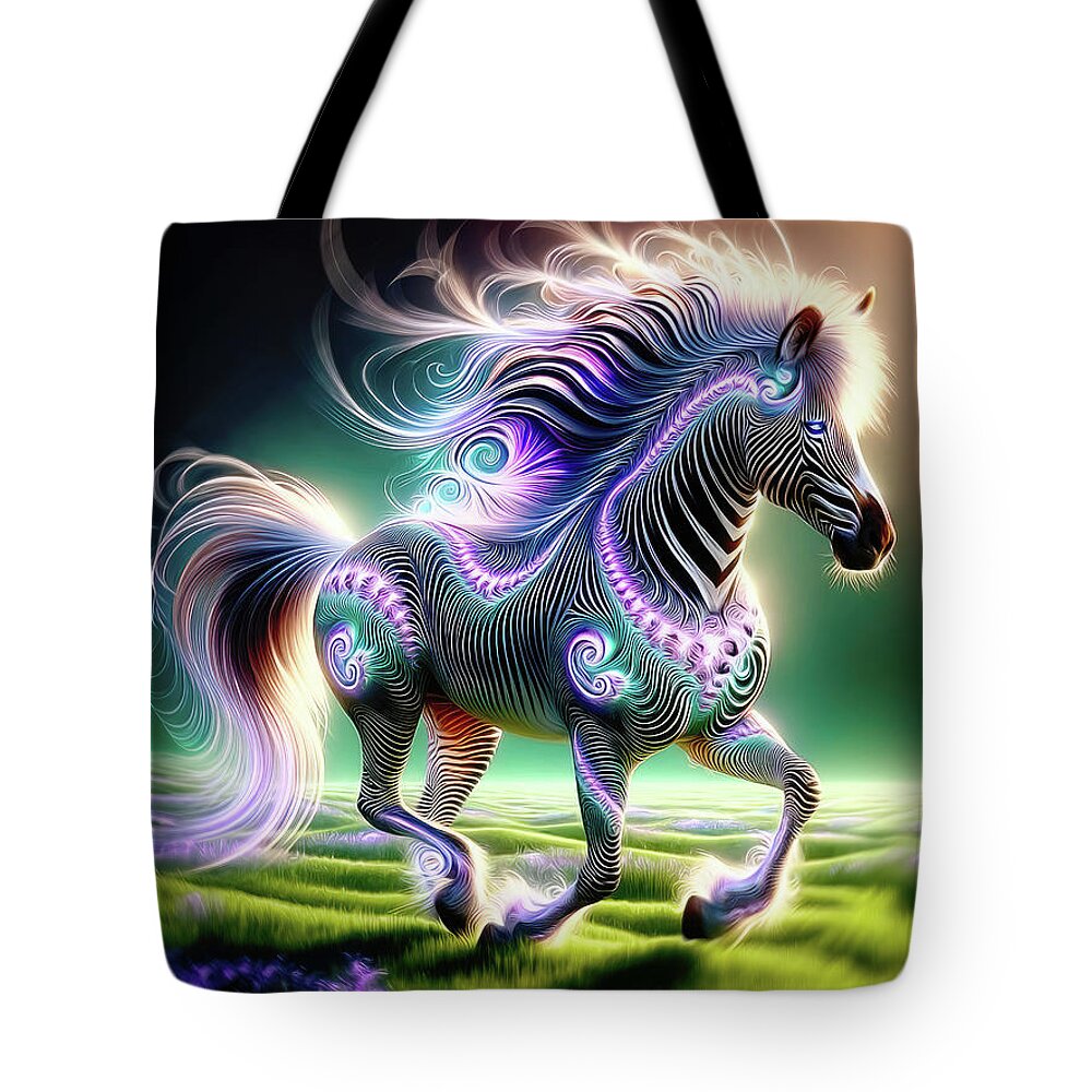 Mythical Zebra Tote Bag featuring the digital art Luminescent Zephyr by Bill And Linda Tiepelman