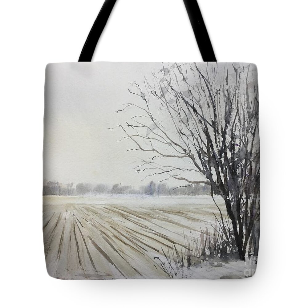 Lynden Farm Tote Bag featuring the painting Lynden farm in winter by Watercolor Meditations