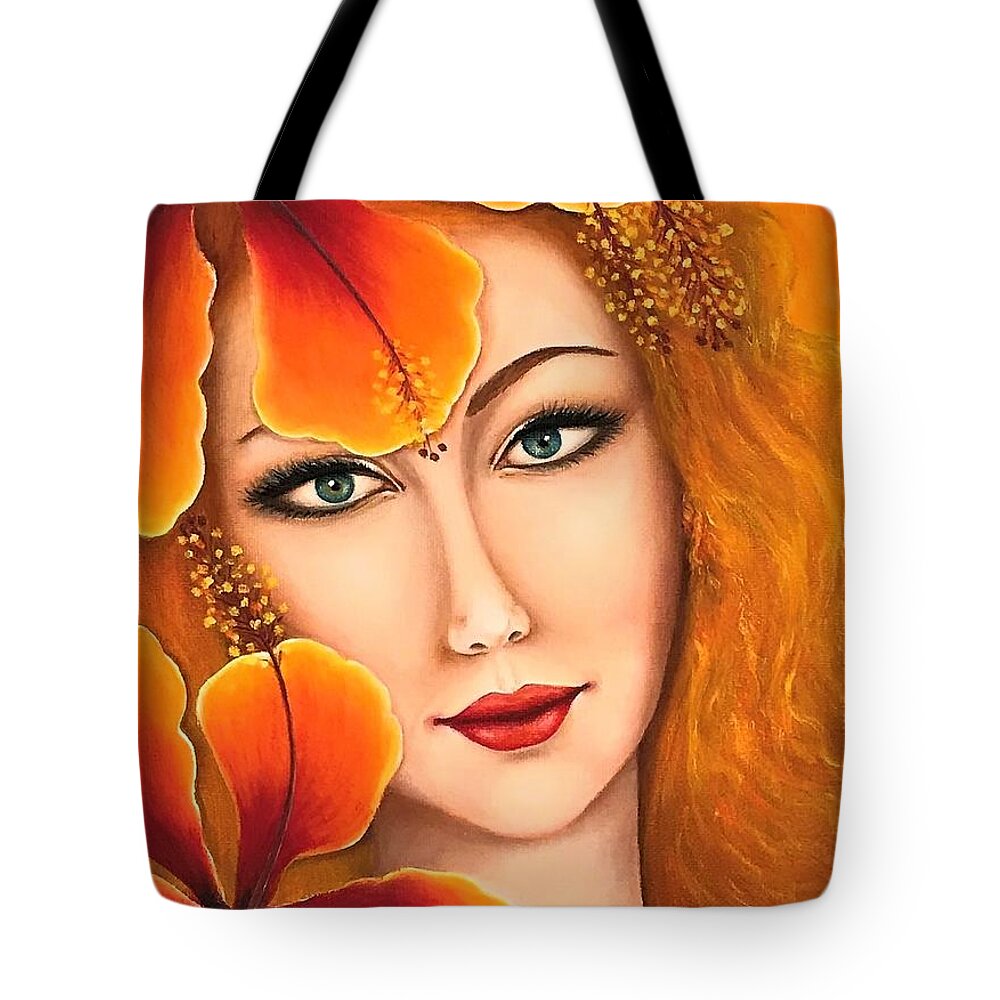 Wall Art Portrait Woman Face Beautiful Face Young Girl Oil Painting Original Art Picture Wall Art Painting Art For The Living Room Office Decor Gift Idea Orange Flowers Big Flowers Home Décor Tote Bag featuring the painting Lyudmila by Tanya Harr