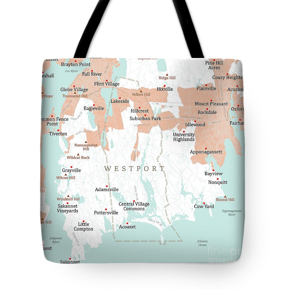 Massachusetts Tote Bag featuring the digital art MA Bristol Westport Vector Road Map by Frank Ramspott