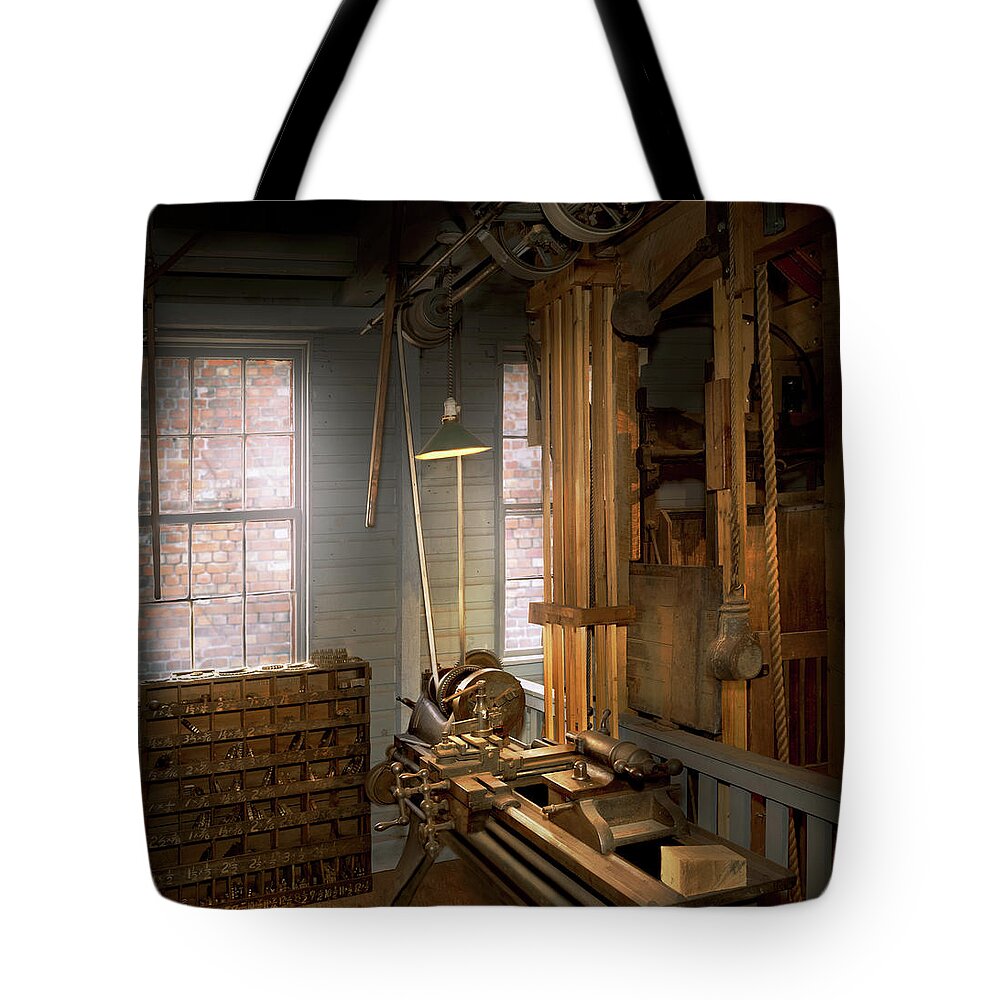 Machinist Tote Bag featuring the photograph Machinist - Carriage Workshop Lathe by Mike Savad