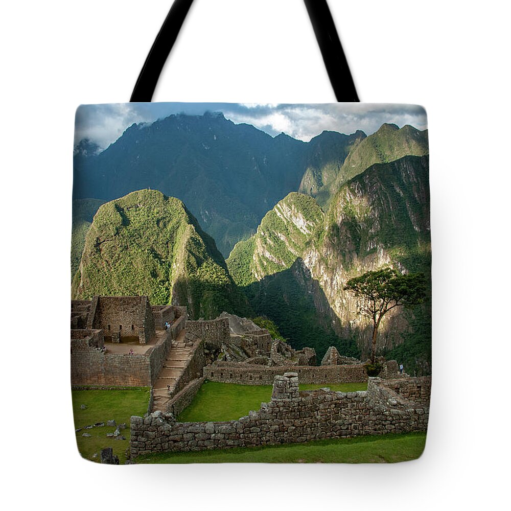 Peru Tote Bag featuring the photograph Machu Picchu Mountains by Karen Smale