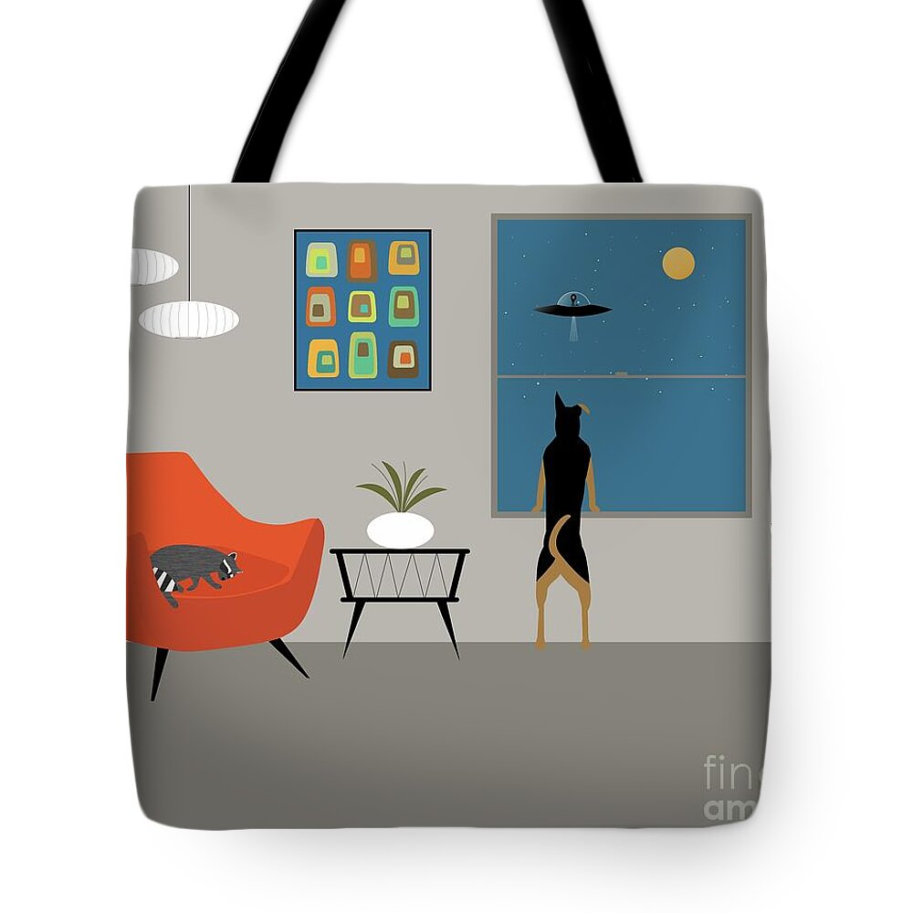 Mid Century Room Scene Tote Bag featuring the digital art Macki and Raccoon Friend by Donna Mibus