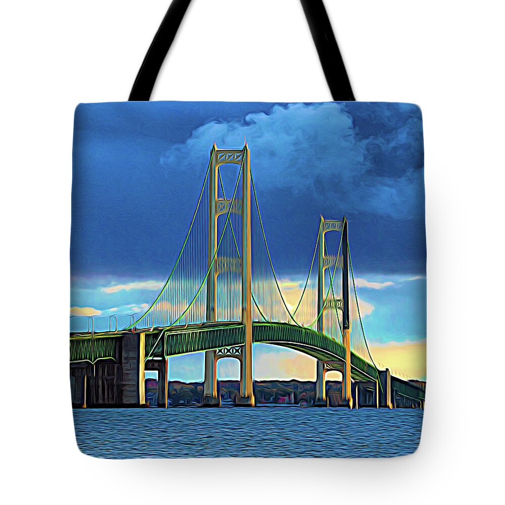 Mackinac Bridge Tote Bag featuring the photograph Mackinac Bridge Expressionism Abstract by Bill Swartwout