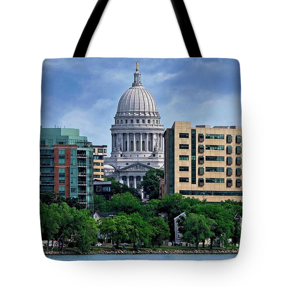 Madison Tote Bag featuring the photograph Madison Capitol with Rower by Steven Ralser