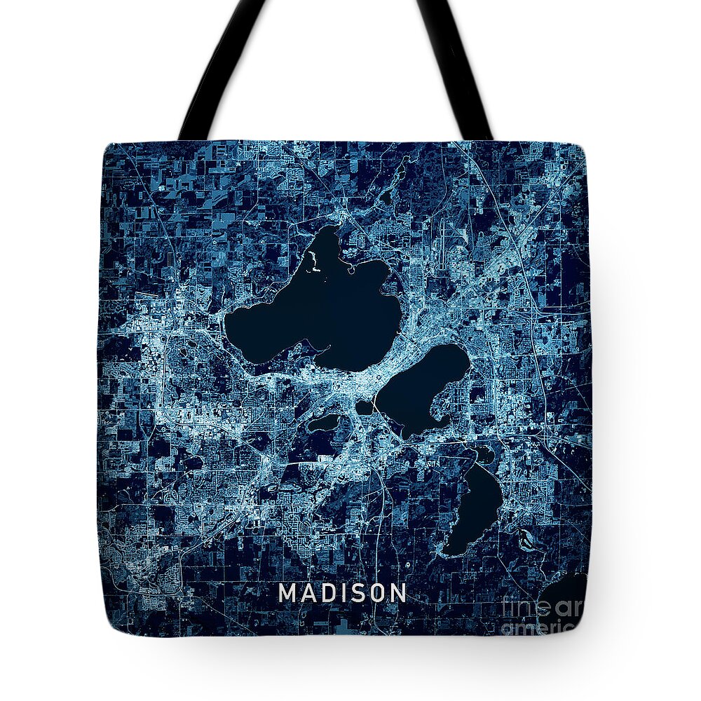 Madison Tote Bag featuring the digital art Madison Wisconsin 3D Render Map Blue Top View Sept 2018 by Frank Ramspott